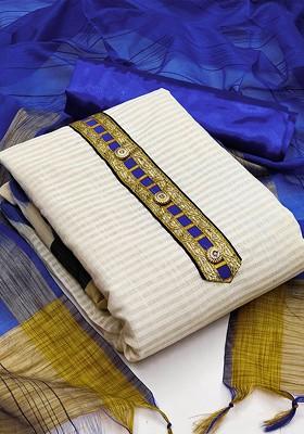 White Striped Print Banarasi Jacquard Kurta Set