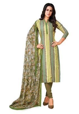 Green Striped Print Poly Blend Kurta Set