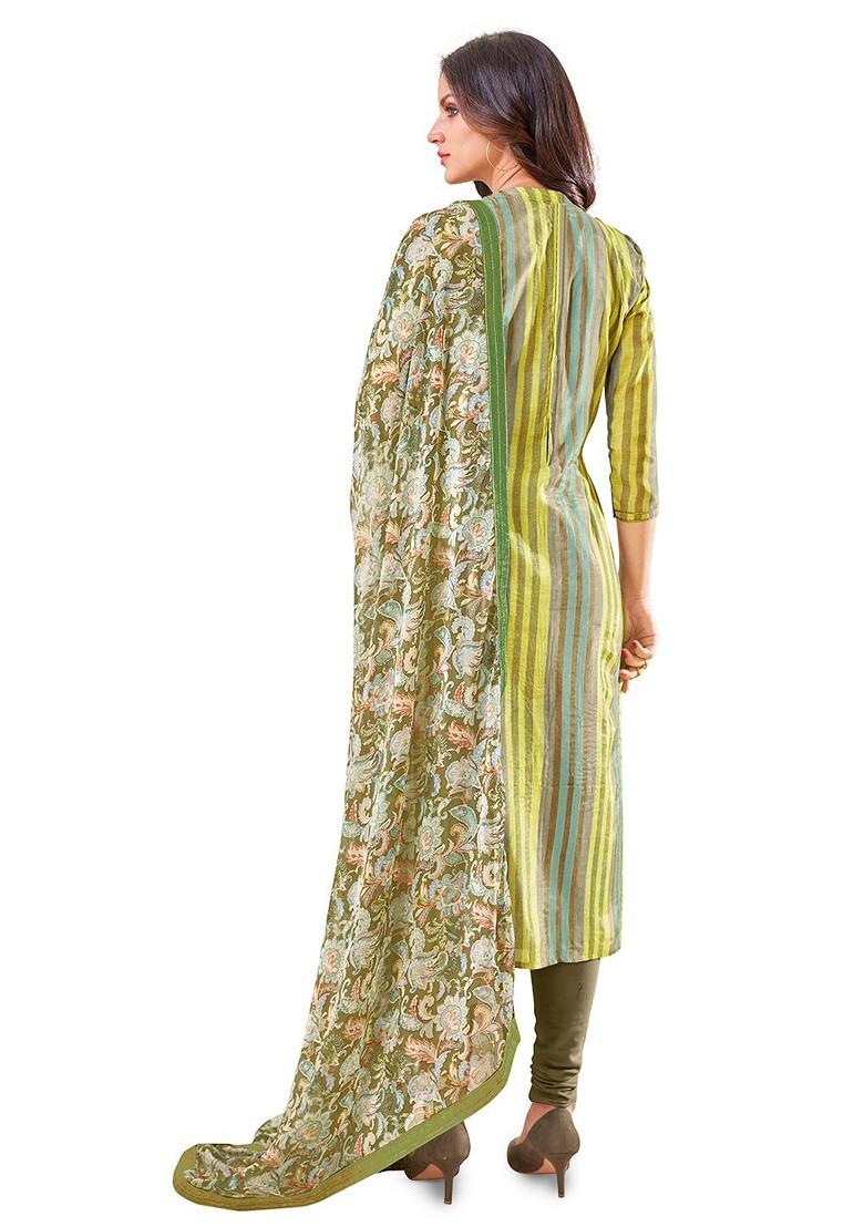 Green Striped Print Poly Blend Kurta Set - Indya