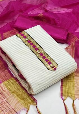 White Striped Print Banarasi Jacquard Kurta Set