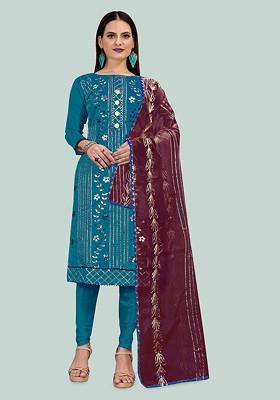 Blue Embellished Poly Blend Kurta Set