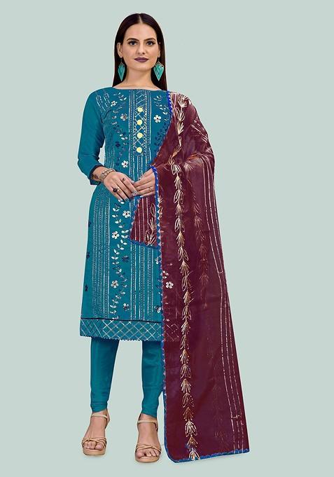 Blue Embellished Poly Blend Kurta Set