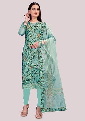 Sea Green Floral Print Poly Blend Kurta Set