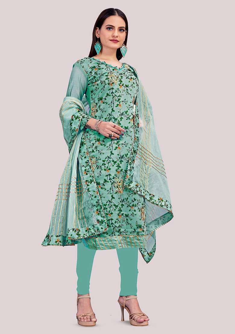 Sea Green Floral Print Poly Straight Kurta Set - Indya