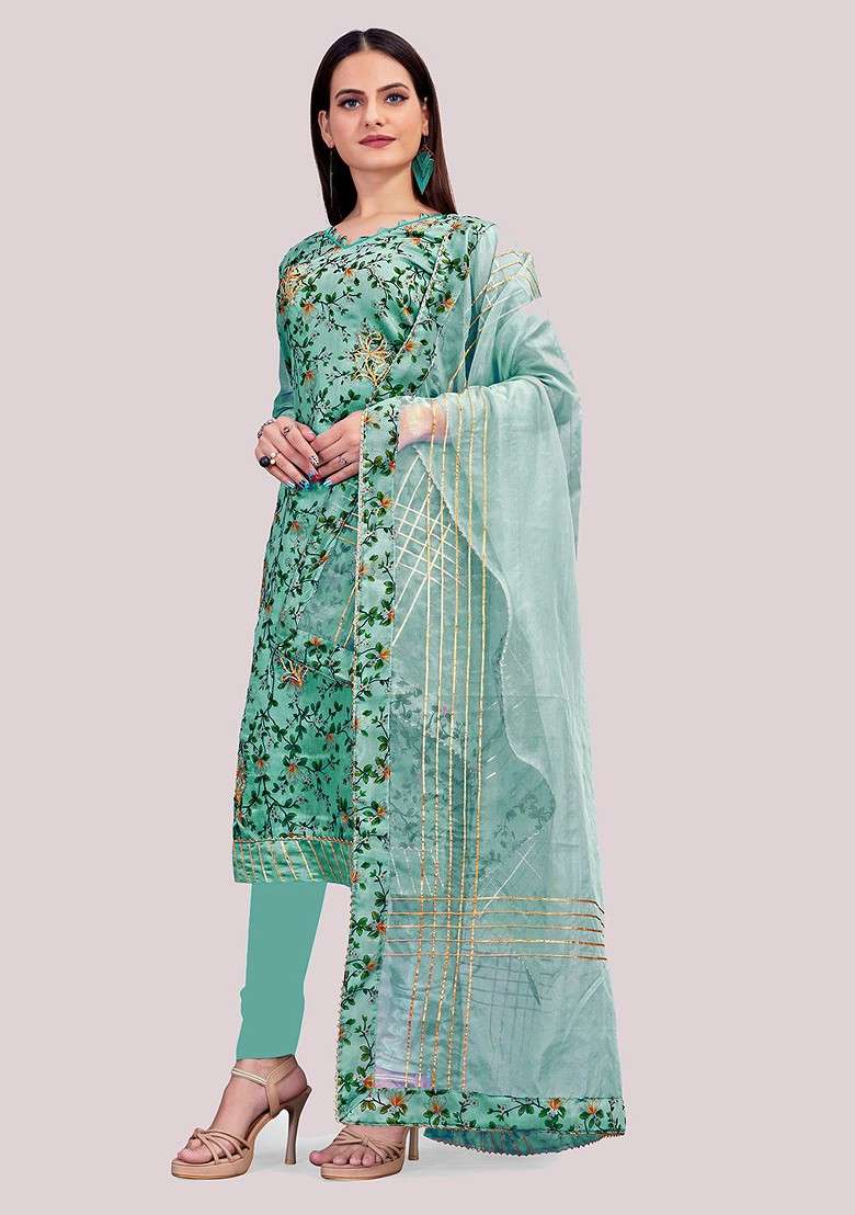 Sea Green Floral Print Poly Straight Kurta Set - Indya
