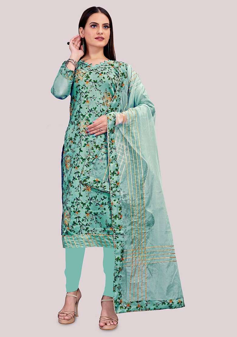 Sea Green Floral Print Poly Straight Kurta Set - Indya