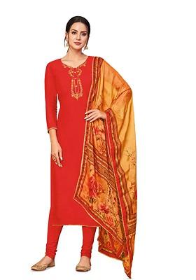Red Embroidered Cotton Kurta Set