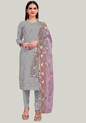 Grey Embroidered Cotton Kurta Set