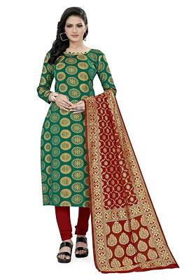 Green Woven Poly Blend Kurta Set