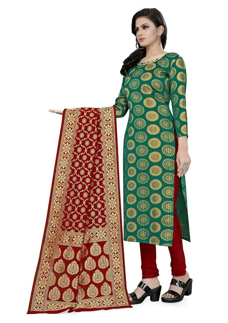 Green Woven Poly Blend Kurta Set - Indya
