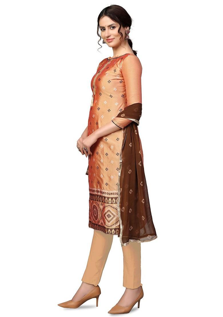 Peach Printed Poly Blend Kurta Set