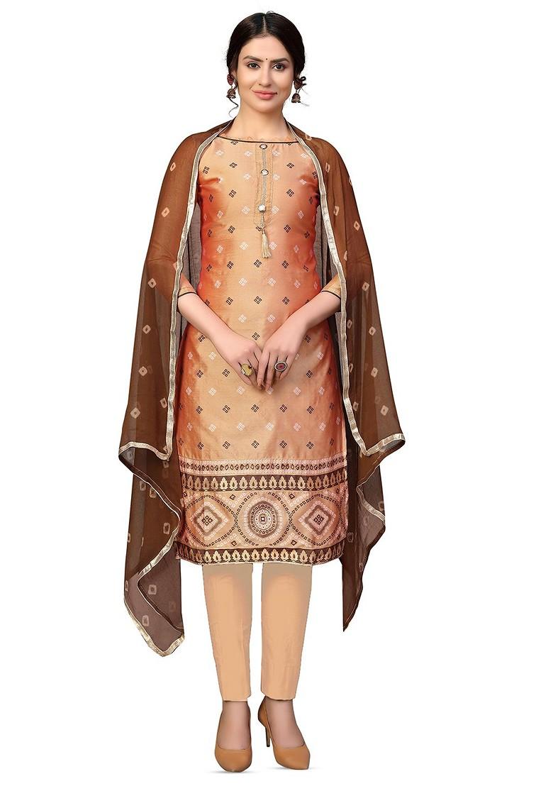 Peach Printed Poly Blend Kurta Set