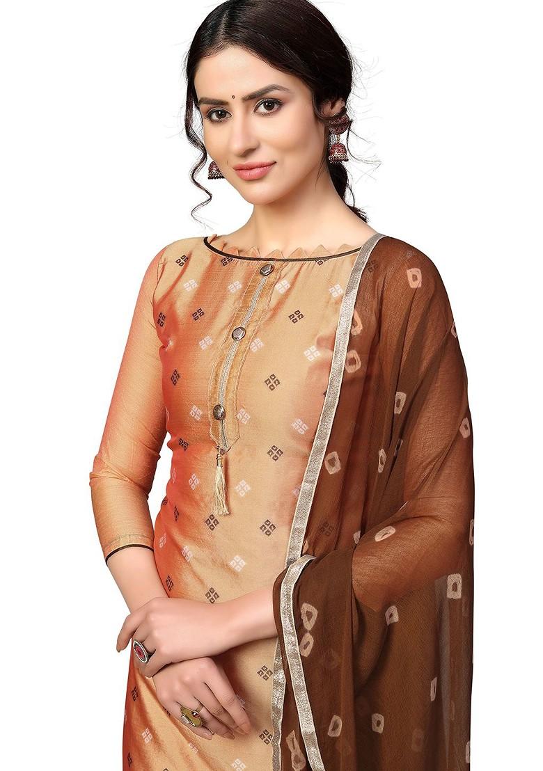 Peach Printed Poly Blend Kurta Set