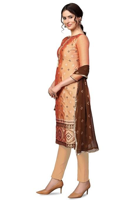 Peach Printed Poly Blend Kurta Set