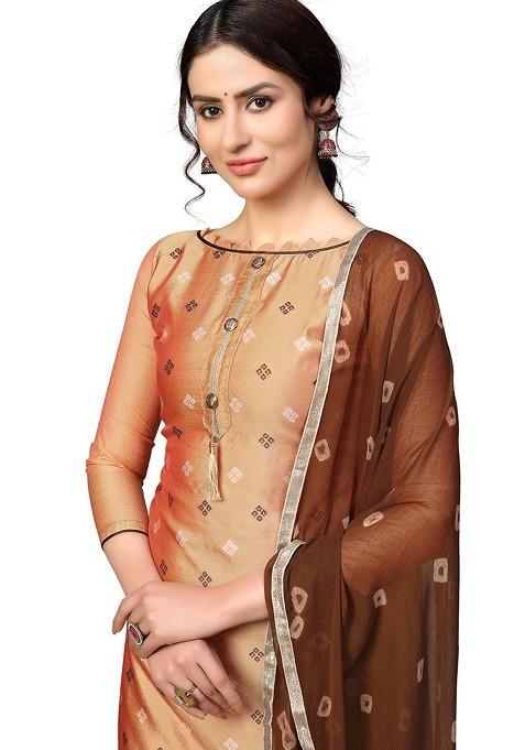 Peach Printed Poly Blend Kurta Set