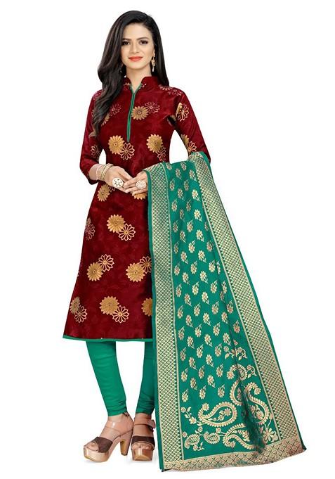 Maroon Woven Poly Blend Kurta Set