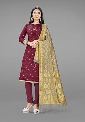 Maroon Woven Poly Blend Kurta Set