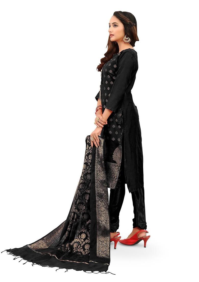 Black Woven Poly Blend Kurta Set - Indya