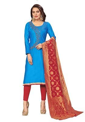 Blue Embellished Poly Blend Kurta Set