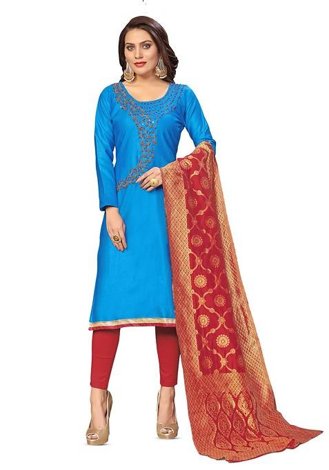 Blue Embroidered Blended Straight Kurta Set