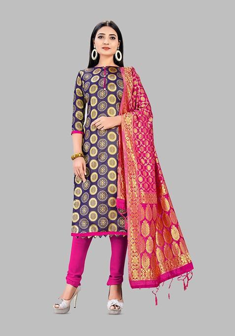 Navy Blue Jacquard Poly Straight Kurta Set