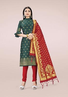 Green Woven Poly Blend Kurta Set
