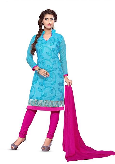 Blue Embroidered Blended Straight Kurta Set