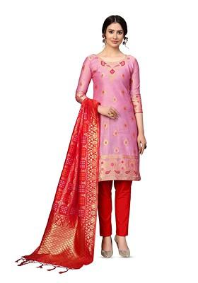 Pink Woven Banarasi Jacquard Kurta Set