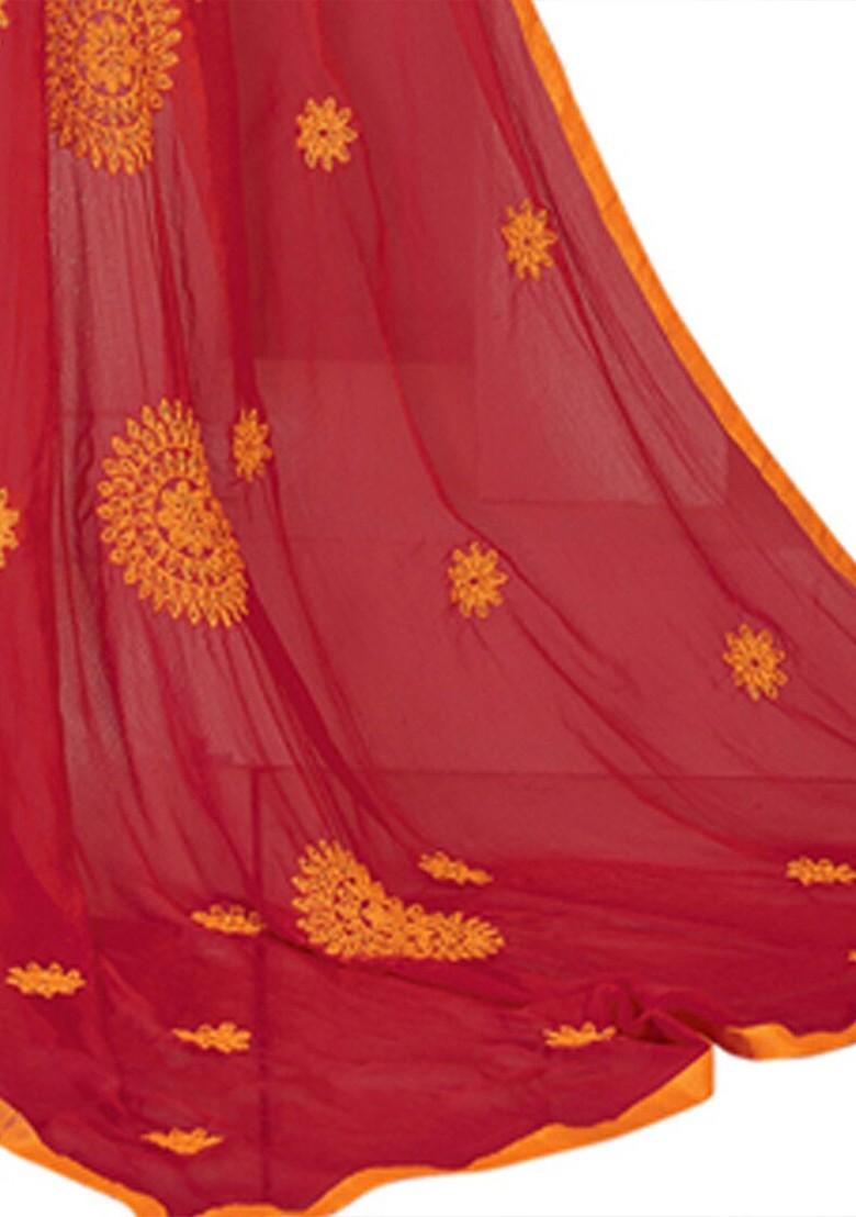 Orange Embroidered Poly Blend Kurta Set - Indya