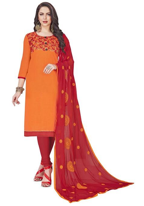 Orange Embroidered Poly Blend Kurta Set