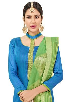 Blue Striped Print Poly Blend Kurta Set