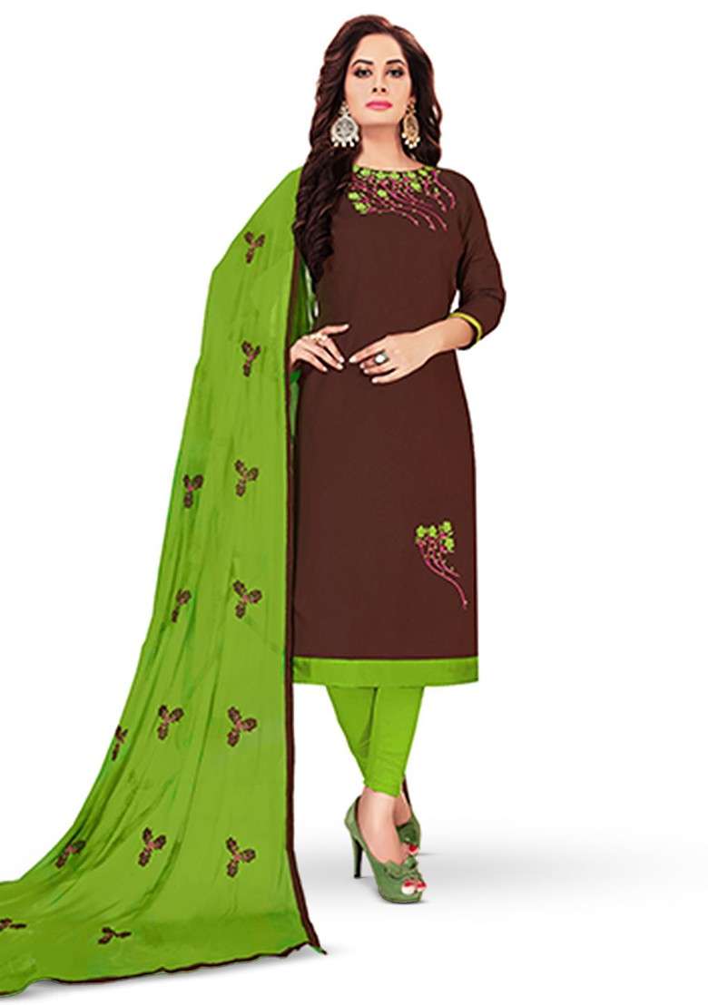Brown Embroidered Blended Straight Kurta Set - Indya