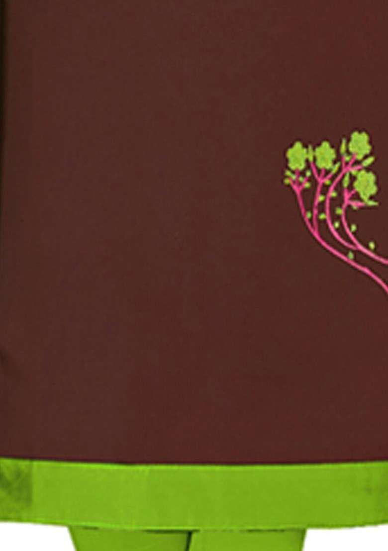 Brown Embroidered Blended Straight Kurta Set - Indya