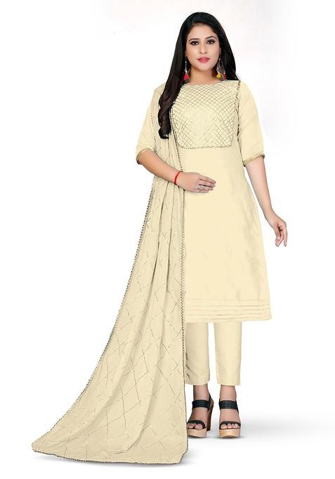 Beige Embroidered Cotton Kurta Set