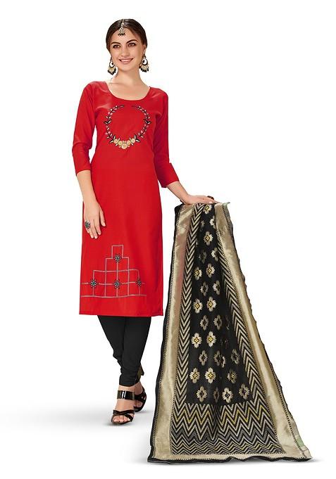 Red Embroidered Blended Straight Kurta Set