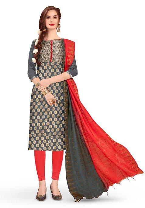 Grey Woven Banarasi Jacquard Kurta Set