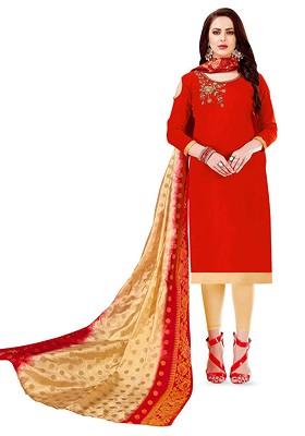 Red Embroidered Cotton Kurta Set