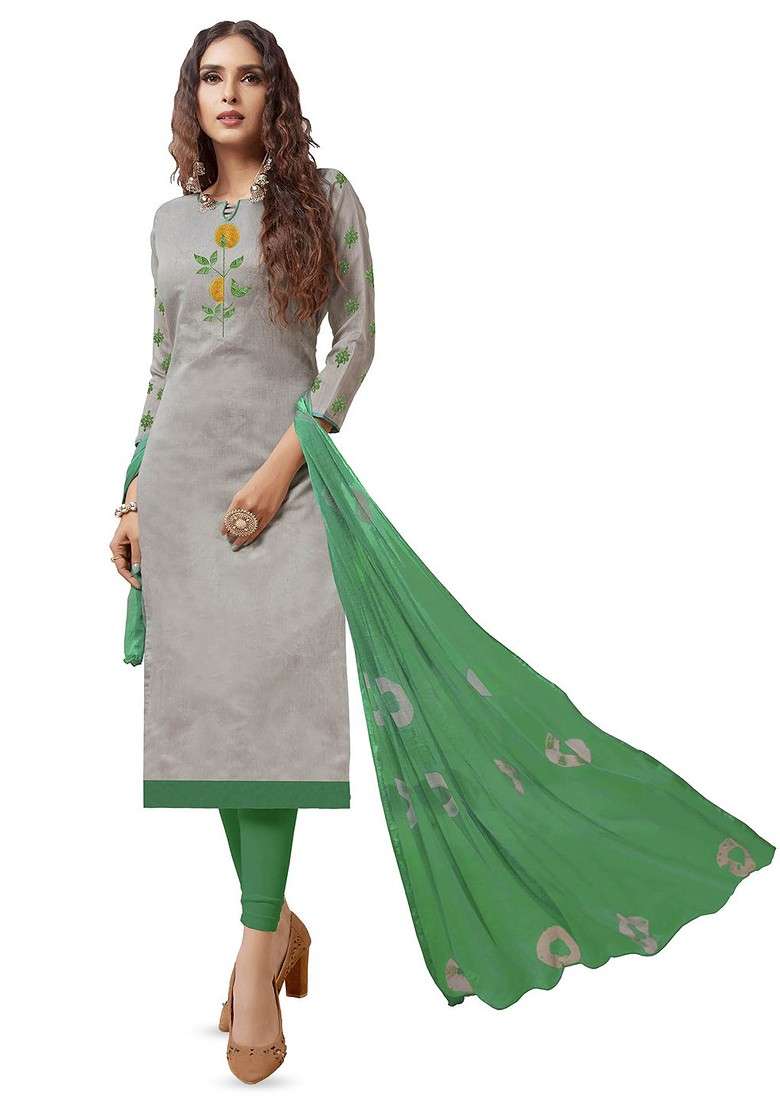 Grey Embroidered Blended Straight Kurta Set - Indya