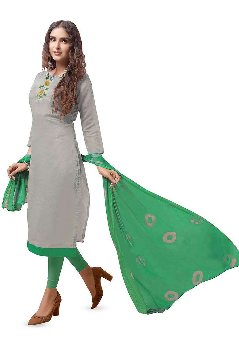 Grey Embroidered Blended Straight Kurta Set - Indya