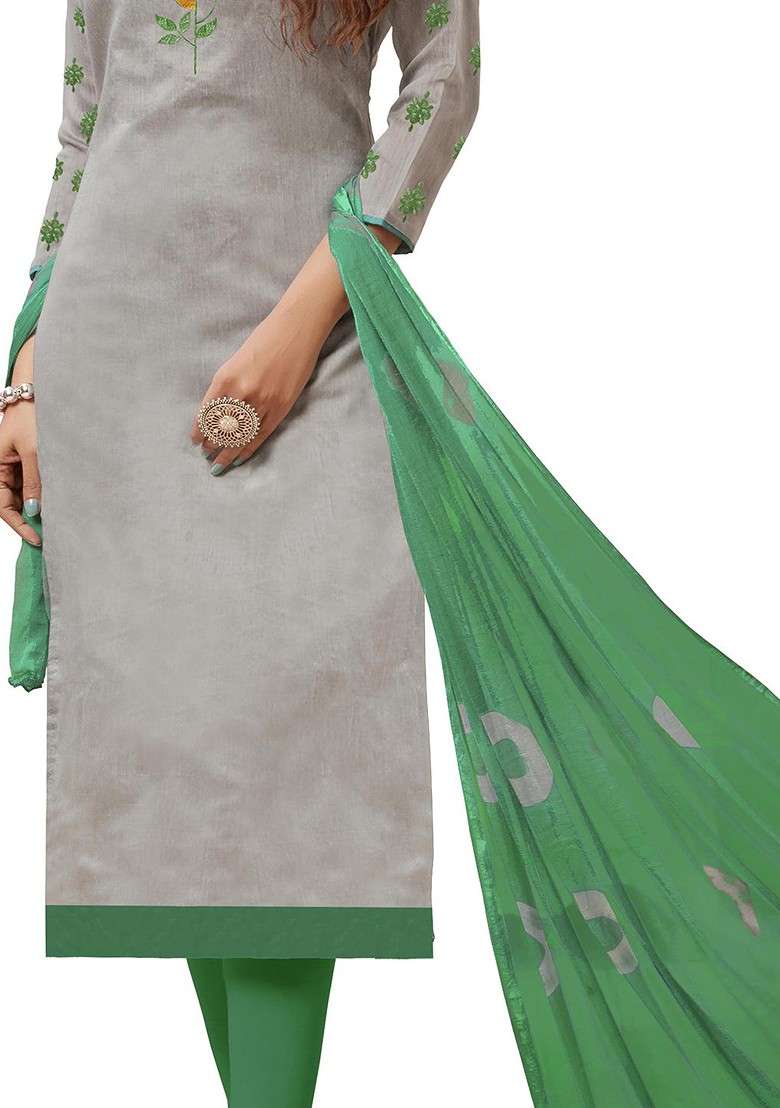 Grey Embroidered Blended Straight Kurta Set - Indya