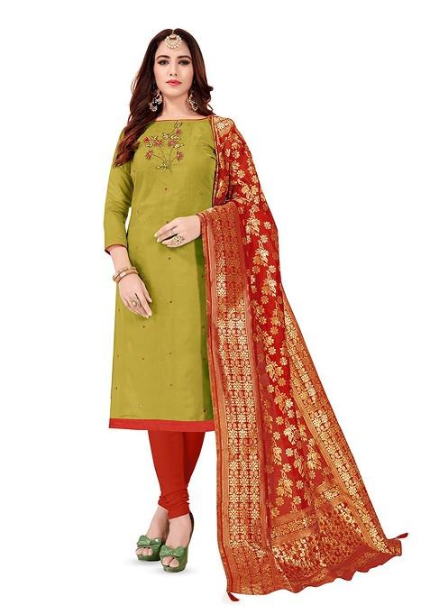 Green Embroidered Cotton Straight Kurta Set