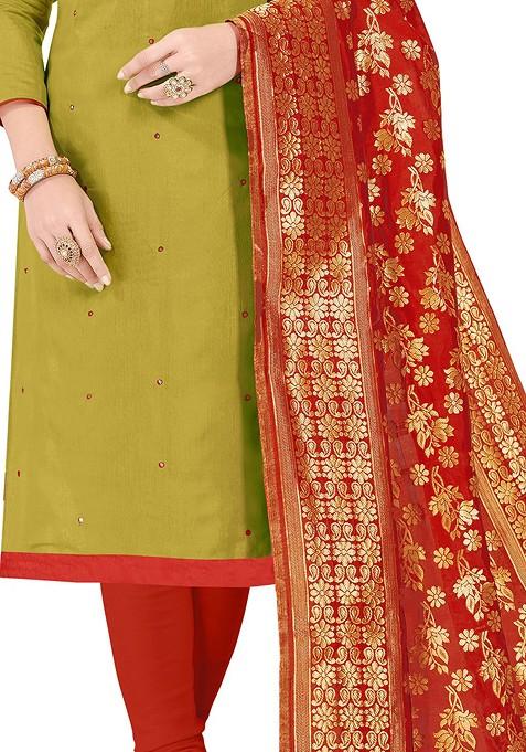 Green Embroidered Cotton Kurta Set