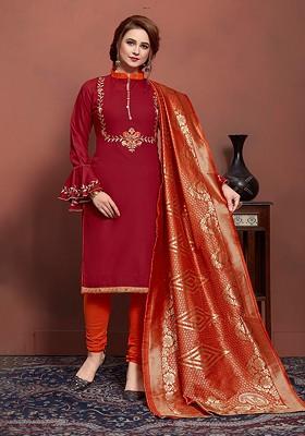 Maroon Embroidered Poly Blend Kurta Set