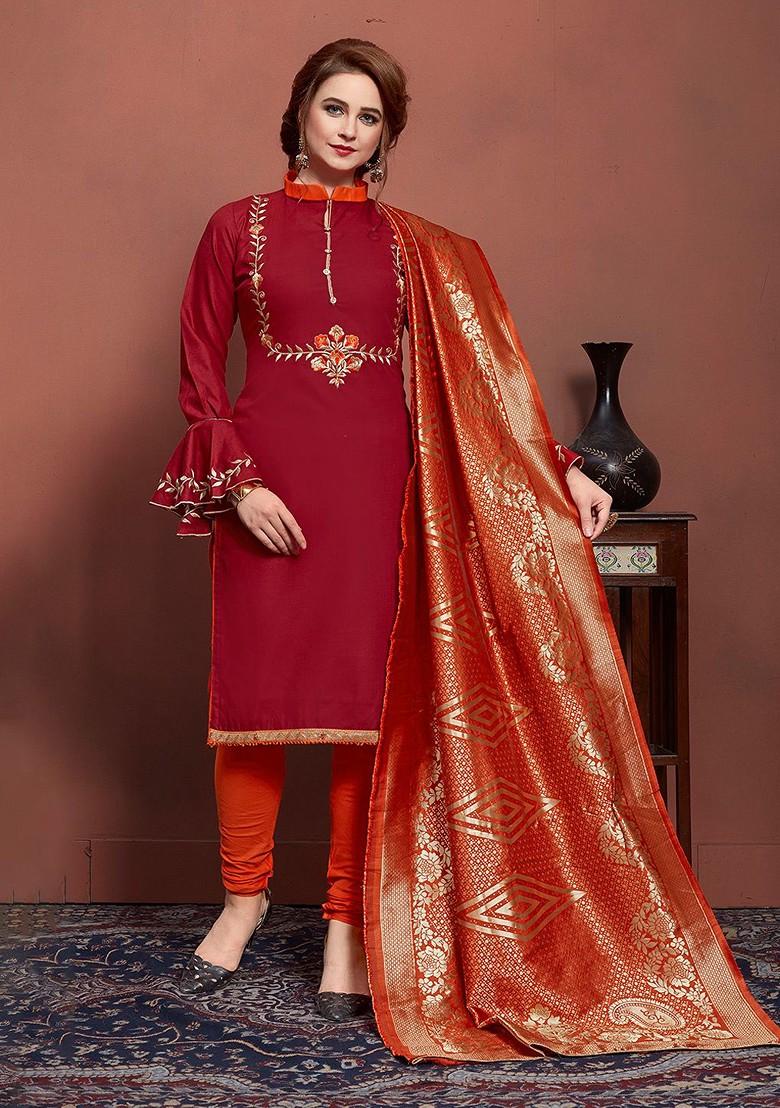 Maroon Embroidered Poly Blend Kurta Set