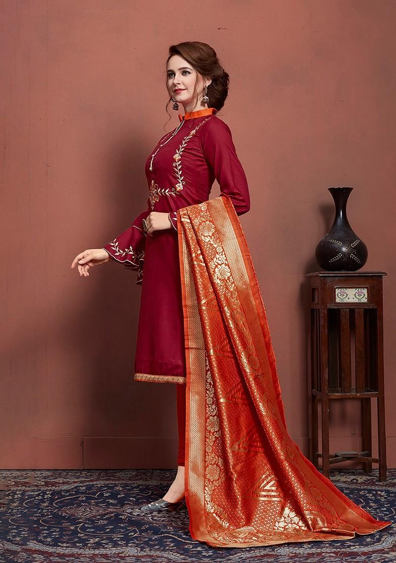 Maroon Embroidered Poly Blend Kurta Set - Indya