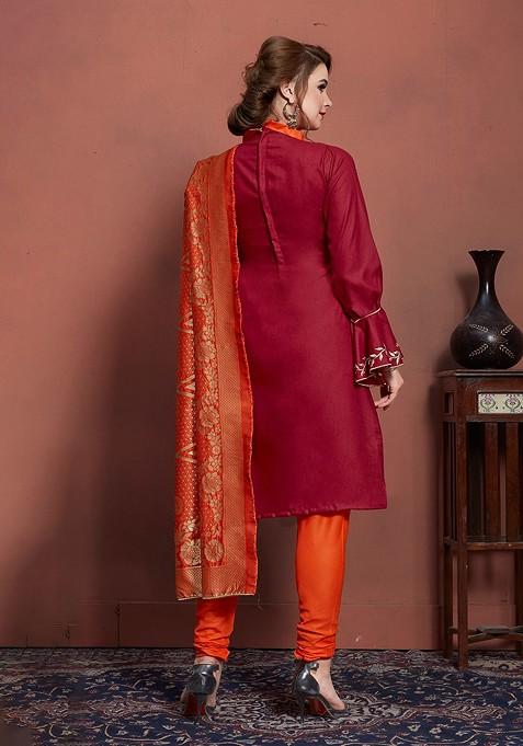 Maroon Embroidered Poly Blend Kurta Set