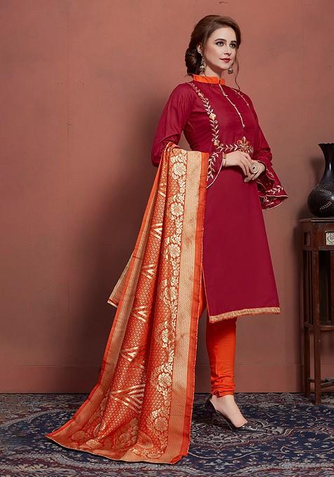 Maroon Embroidered Poly Blend Kurta Set