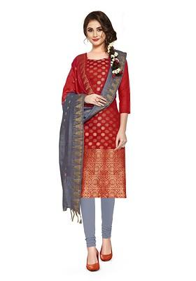 Red Woven Poly Blend Kurta Set