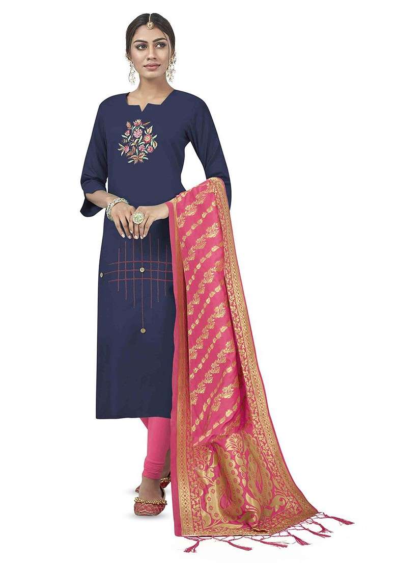 Navy Blue Embroidered Poly Blend Kurta Set - Indya