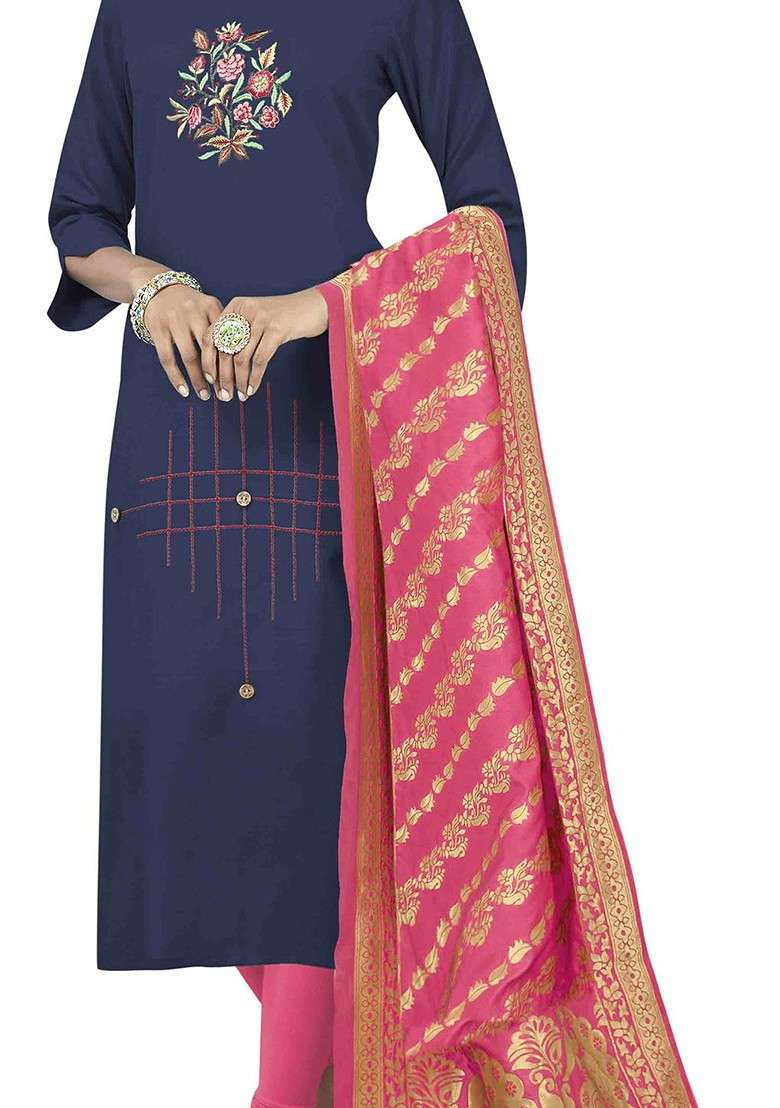 Navy Blue Embroidered Poly Blend Kurta Set - Indya